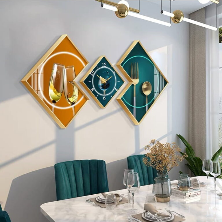 Modern dining room with geometric wall art and decorative table setting.