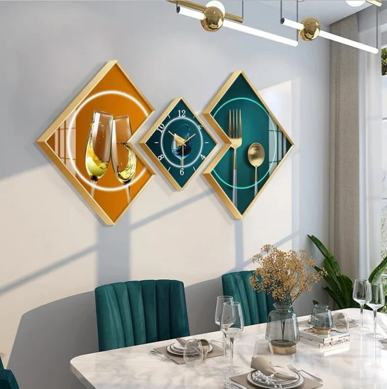 Modern dining room with geometric wall art and decorative table setting.