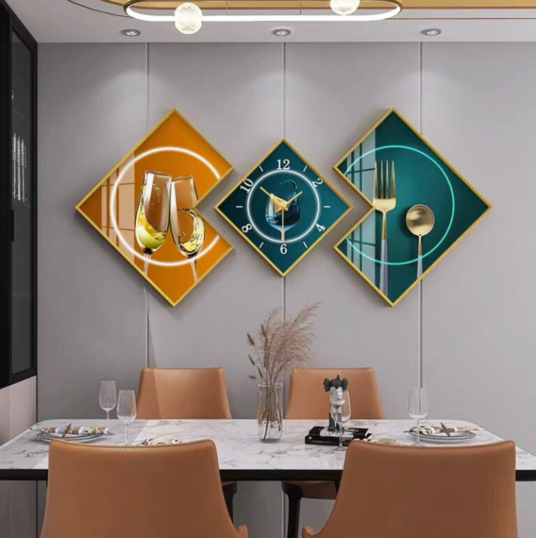 Modern dining room with geometric wall art and decorative clock.