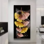 Modern luxury wall art with gold and pink abstract design in a sleek interior setting.