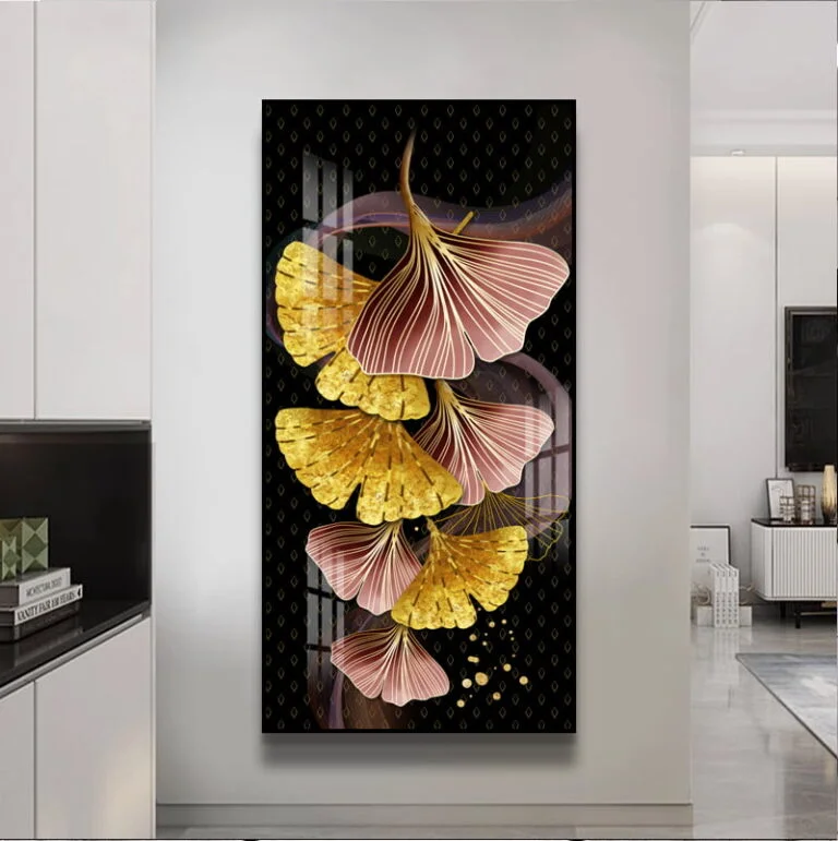 Modern luxury wall art with gold and pink abstract design in a sleek interior setting.