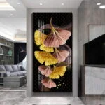 Modern luxury wall art with gold and pink abstract design in a living room setting.