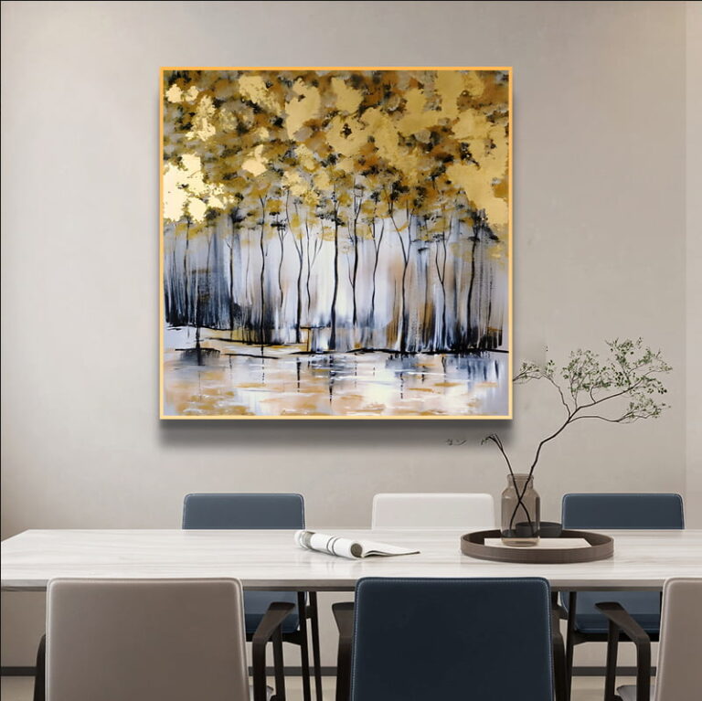 Modern framed wall art with abstract forest design in a dining room setting.