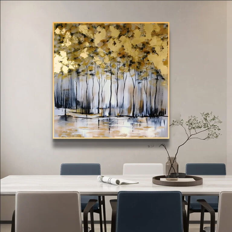 Modern framed wall art with abstract forest design in a dining room setting.