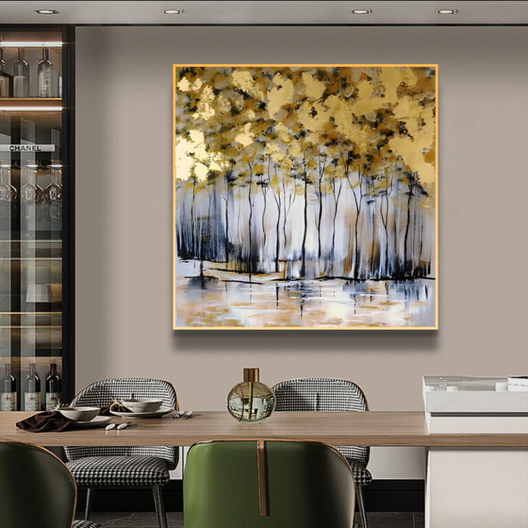 Modern luxury wall art with abstract forest design in gold and blue tones, enhancing home decor.