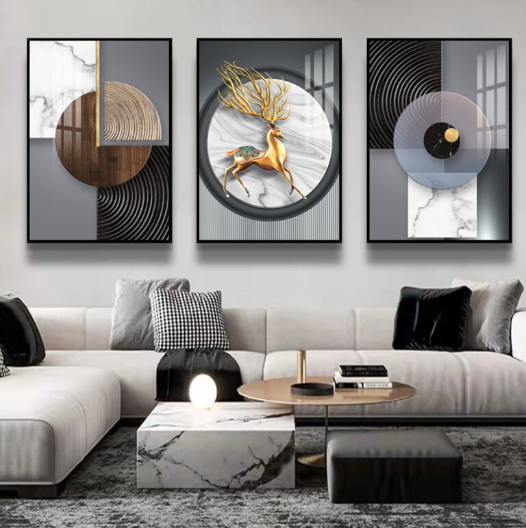 Modern living room with abstract framed wall art and luxury decor.