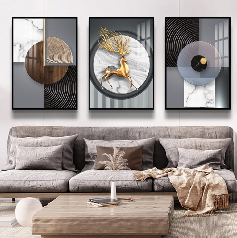 Modern framed wall art with abstract designs and a golden deer, enhancing luxury home decor.