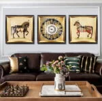 Luxury living room with framed horse art and decorative accessories.