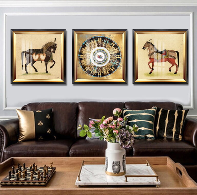 Luxury living room with framed horse art and decorative accessories.