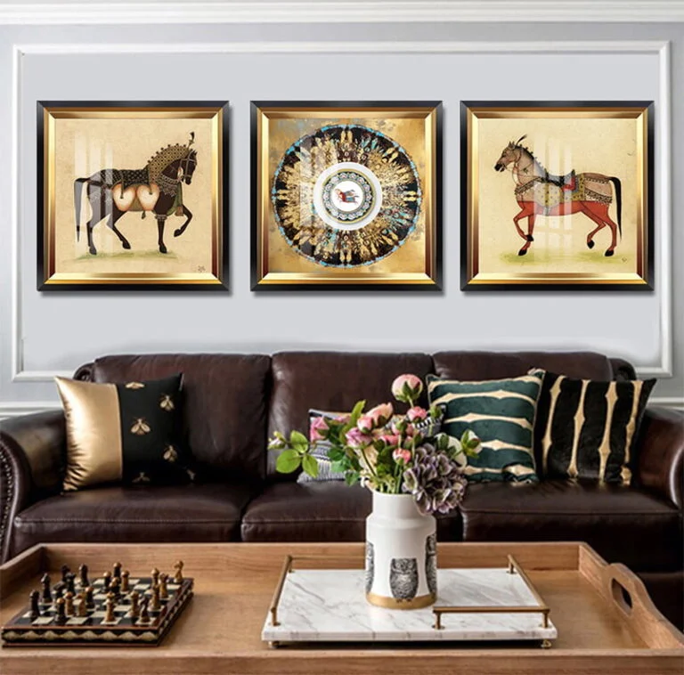 Luxury living room with framed horse art and decorative accessories.