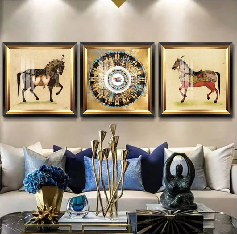 Luxury framed wall art with horse designs and decorative accessories in a modern living room.
