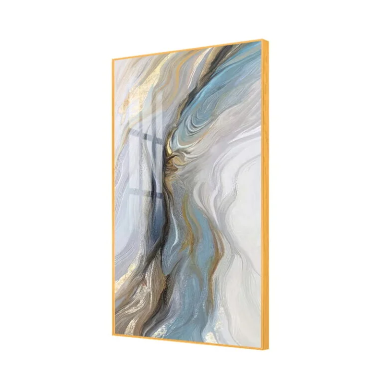 Modern abstract wall art with swirling blue and gold patterns in a wooden frame.