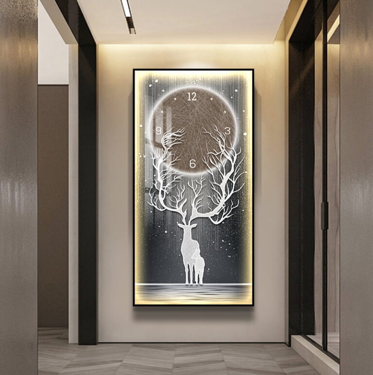 Modern LED wall art with deer and clock design in a luxury hallway setting.