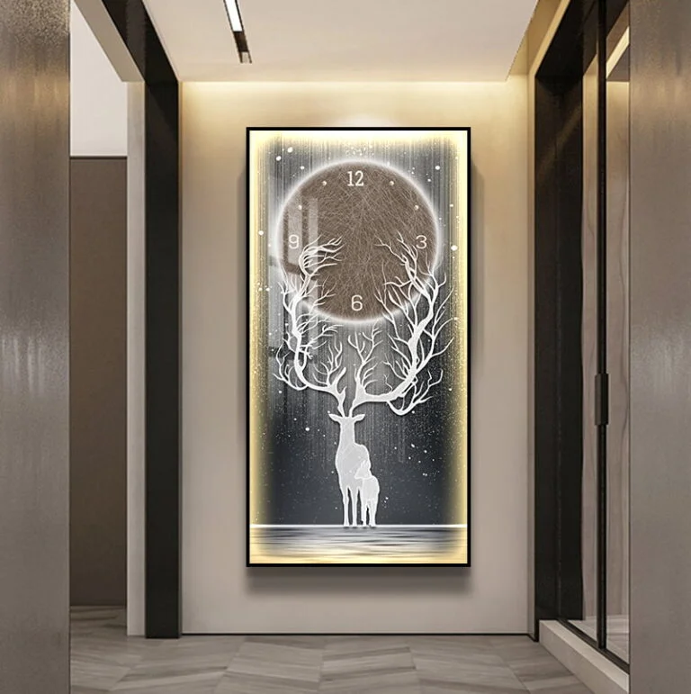Modern LED wall art with deer and clock design in a luxury hallway setting.