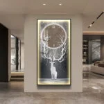 Modern LED wall art with deer and clock design in luxury home setting.
