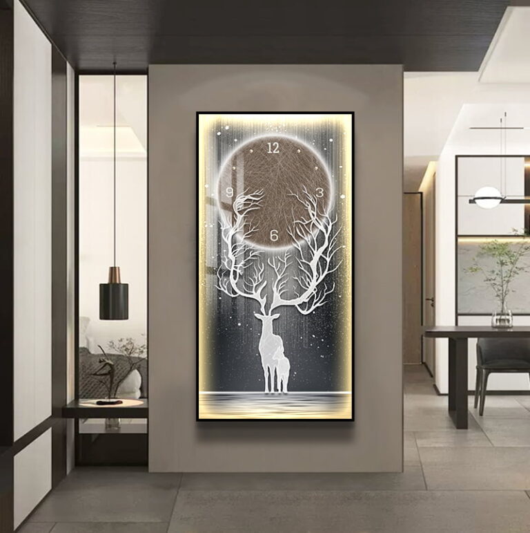 Modern LED wall art with deer and clock design in a luxury home setting.