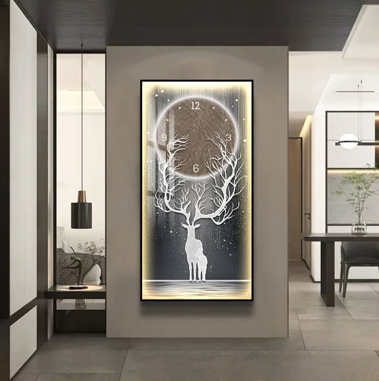 Modern LED wall art with deer and clock design in a luxury home setting.