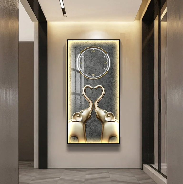 Modern luxury wall art with gold elephant sculptures and decorative clock in a hallway.