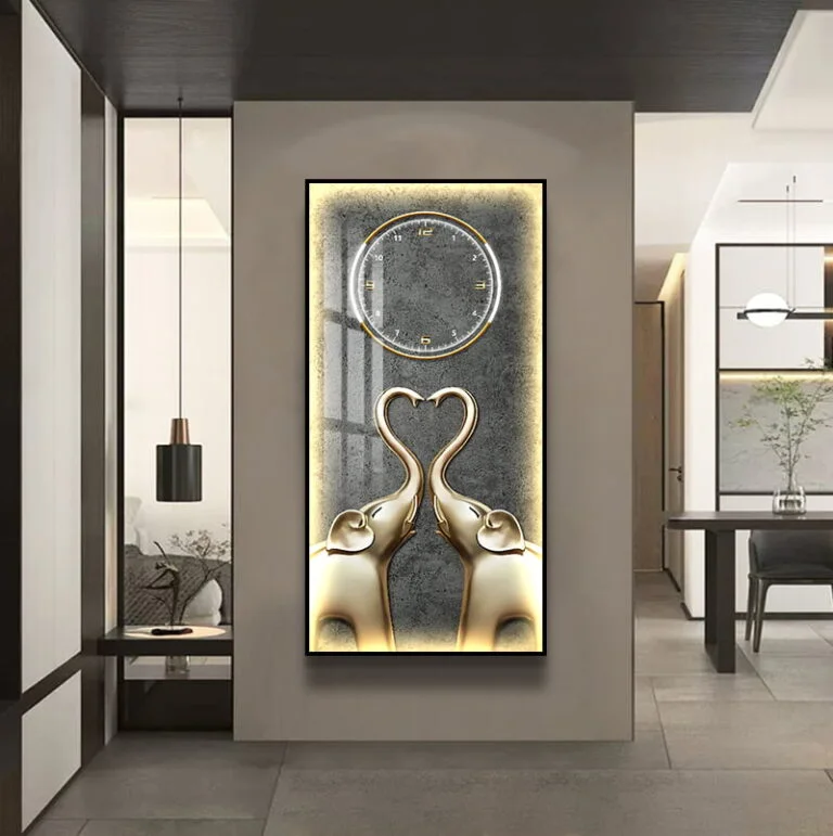 Luxury LED wall art with elephants and clock in modern home decor setting.
