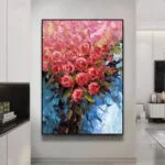 Modern framed wall art with vibrant floral design in a luxury home setting.