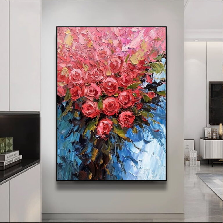 Modern framed wall art with vibrant floral design in a luxury home setting.