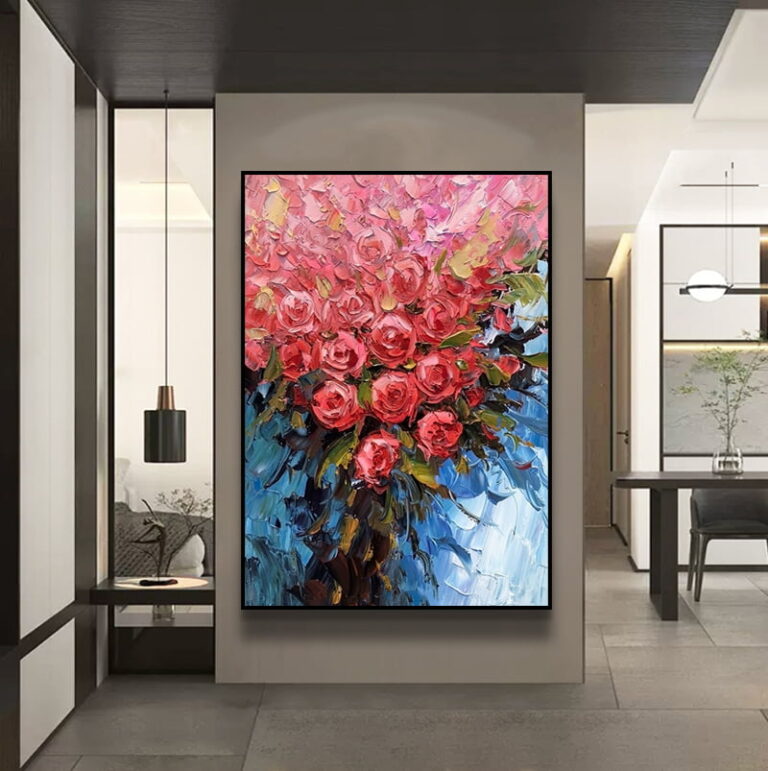 Modern framed wall art with vibrant floral design in a luxury home setting.