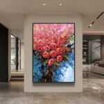 Modern luxury home decor with vibrant floral framed wall art in a stylish living room.