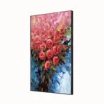 Modern framed wall art with vibrant floral design in pink and blue hues.
