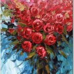 Vibrant floral wall art with red roses and abstract brushstrokes, perfect for modern home decor.