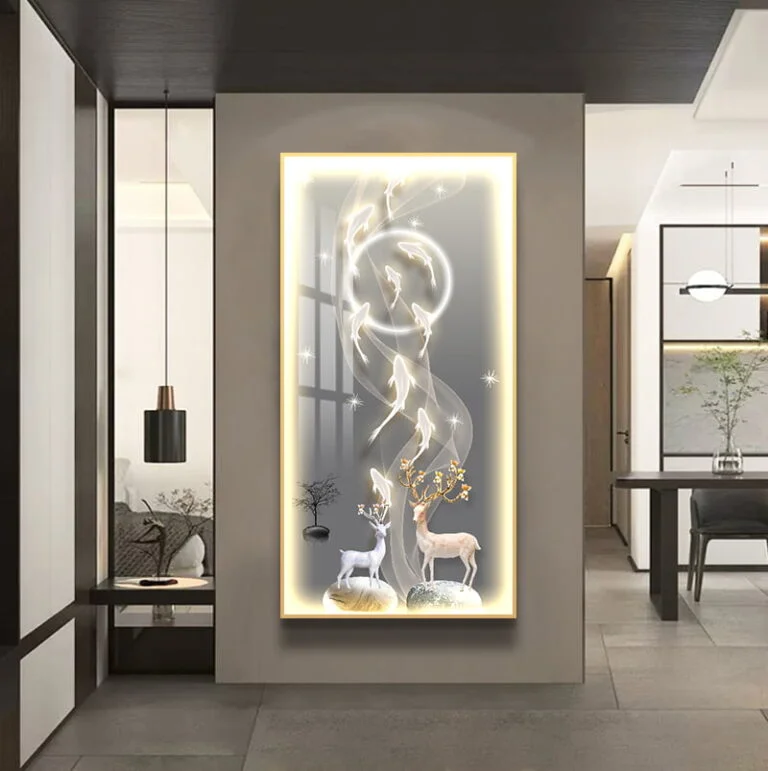 Illuminated modern wall art with deer and abstract design in a luxury home setting.