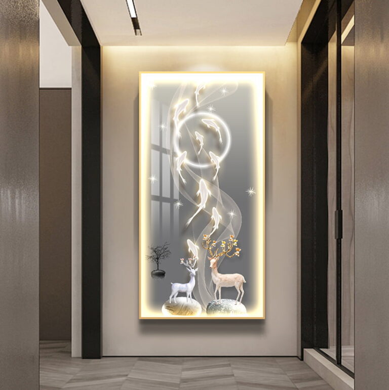 Illuminated wall art with deer and abstract design in a modern hallway.