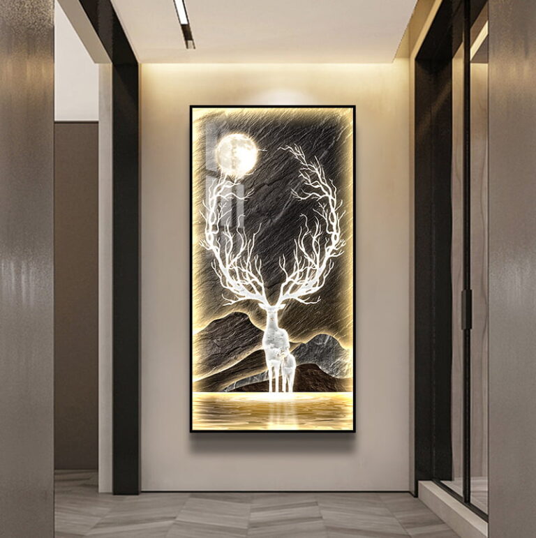 Illuminated wall art with deer and moon, modern luxury home decor.