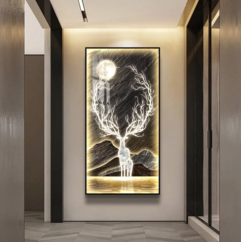 Illuminated wall art with deer and moon, modern luxury home decor.