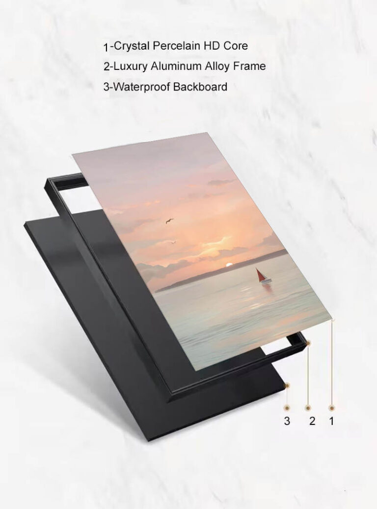 Crystal Porcelain wall art with luxury aluminum frame and sunset seascape design.