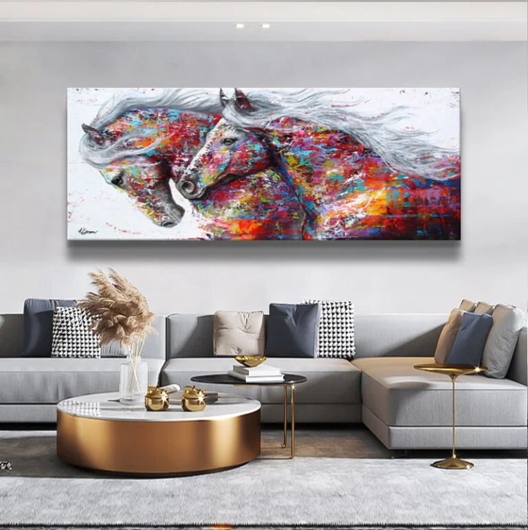 Modern living room with colorful horse wall art and elegant decor.