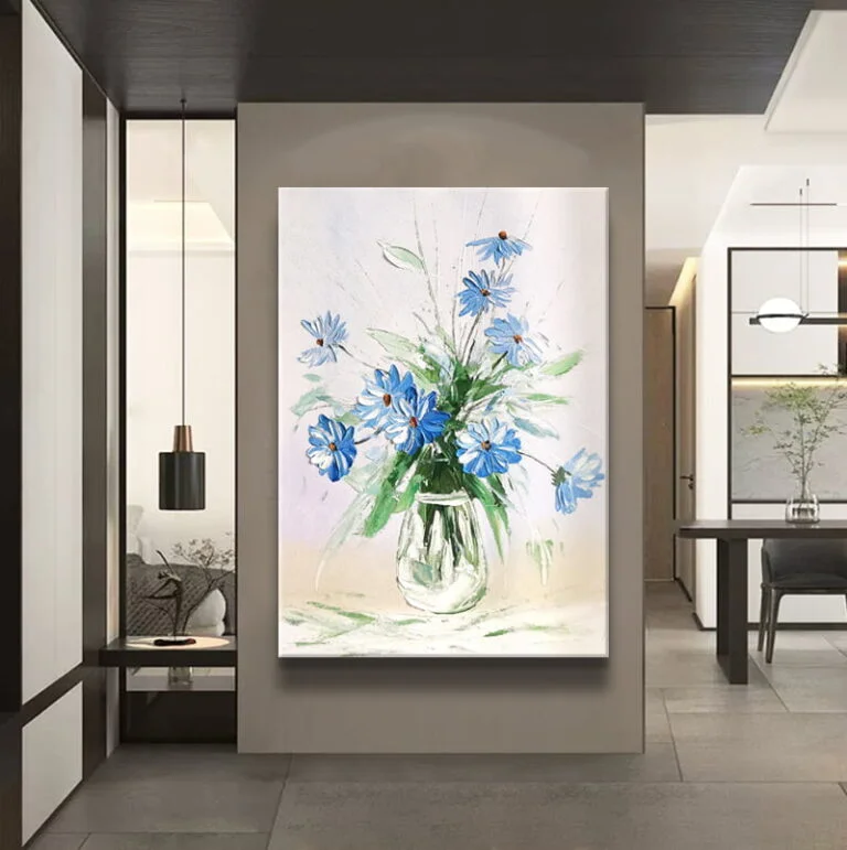 Modern living room with framed floral wall art and elegant decor.