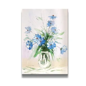 Modern floral wall art with blue flowers in a vase, perfect for home decor.