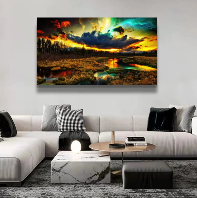 Modern living room with vibrant landscape wall art above a stylish sofa.