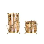 Elegant gold decorative vases with intricate leaf design, perfect for luxury home decor.