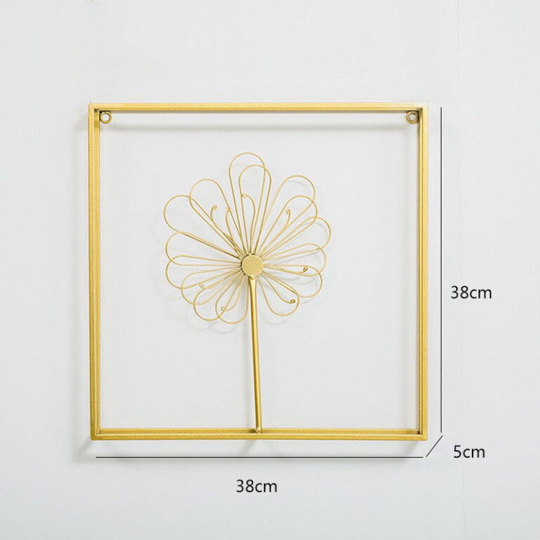 Gold metal wall art with floral design in a square frame, modern home decor.