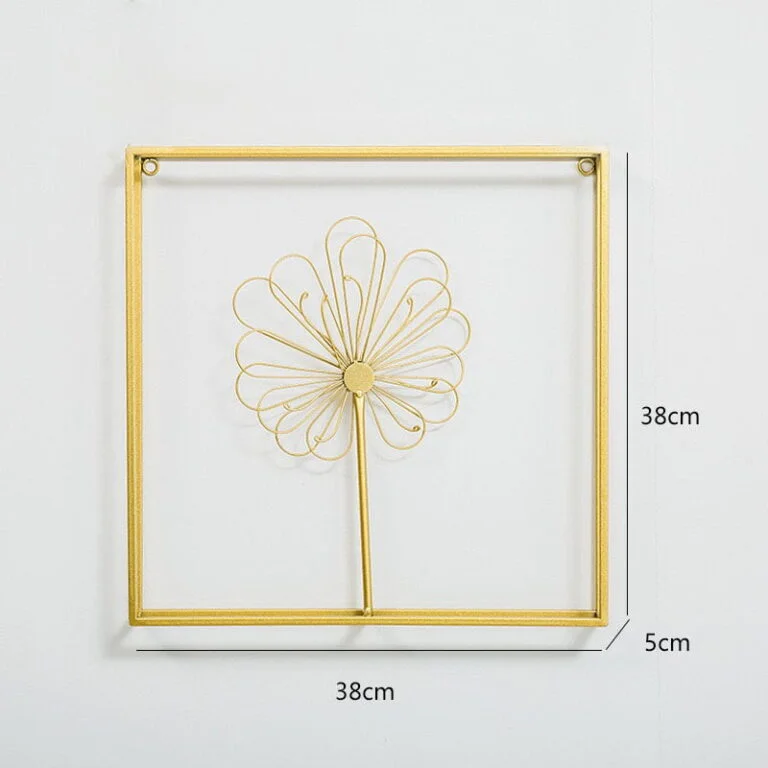 Gold metal wall art with floral design in a square frame, modern home decor.