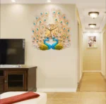 Peacock-themed decorative wall clock in a modern living room setting.