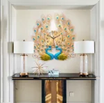 Luxury peacock wall clock with decorative lamps on a console table in a modern home setting.