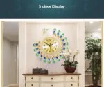 Peacock-themed decorative wall clock in a modern home setting.