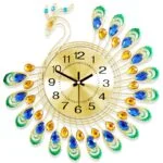 Peacock-shaped decorative wall clock with colorful gemstones and gold accents.
