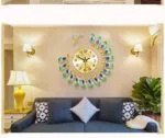 Peacock-themed decorative wall clock in a modern living room setting.