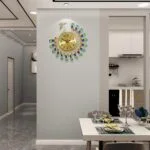 Peacock-themed decorative wall clock in a modern dining room setting.