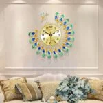 Luxury peacock-themed decorative wall clock in a modern living room setting.