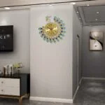 Peacock-themed decorative wall clock in a modern living room setting.
