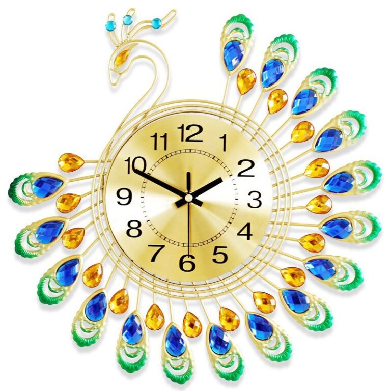 Peacock-shaped decorative wall clock with colorful gemstones and gold accents.